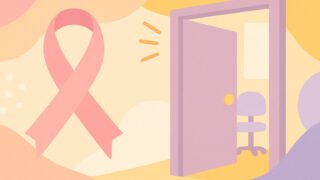 ピンクリボンと診察室をイメージした抽象イラスト