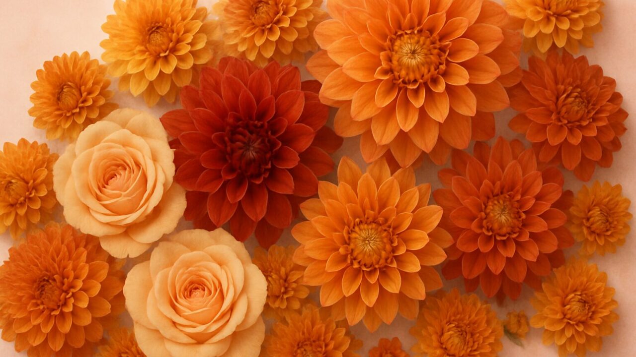 赤とオレンジのバラとダリアの花束。秋らしい温かみのある色合いのアイキャッチ画像