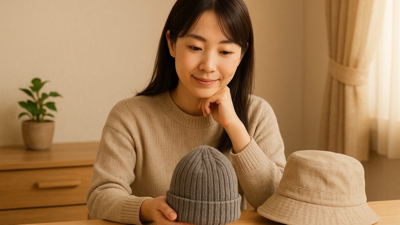 乳がん治療準備のためにケア帽子とハットを手に取って選ぶ女性