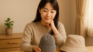 乳がん治療準備のためにケア帽子とハットを手に取って選ぶ女性