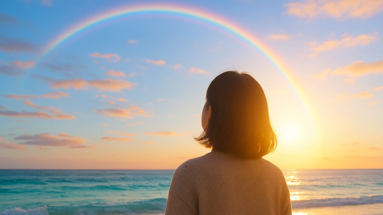 後ろ姿の女性が、虹のかかる海と空を見上げている写真風画像