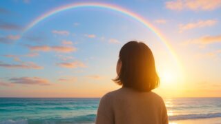 後ろ姿の女性が、虹のかかる海と空を見上げている写真風画像