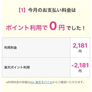 楽天モバイルの月額利用料金が楽天ポイント利用で0円になったことを示すお知らせメール