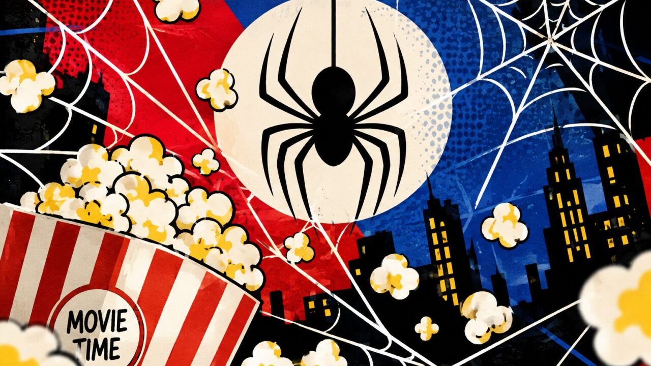 赤と青を基調に蜘蛛と蜘蛛の巣、ポップコーンを描いたスパイダーマン映画鑑賞記事のイメージ