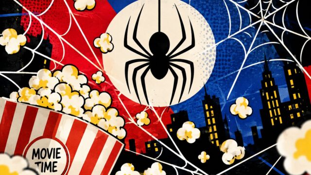 赤と青を基調に蜘蛛と蜘蛛の巣、ポップコーンを描いたスパイダーマン映画鑑賞記事のイメージ